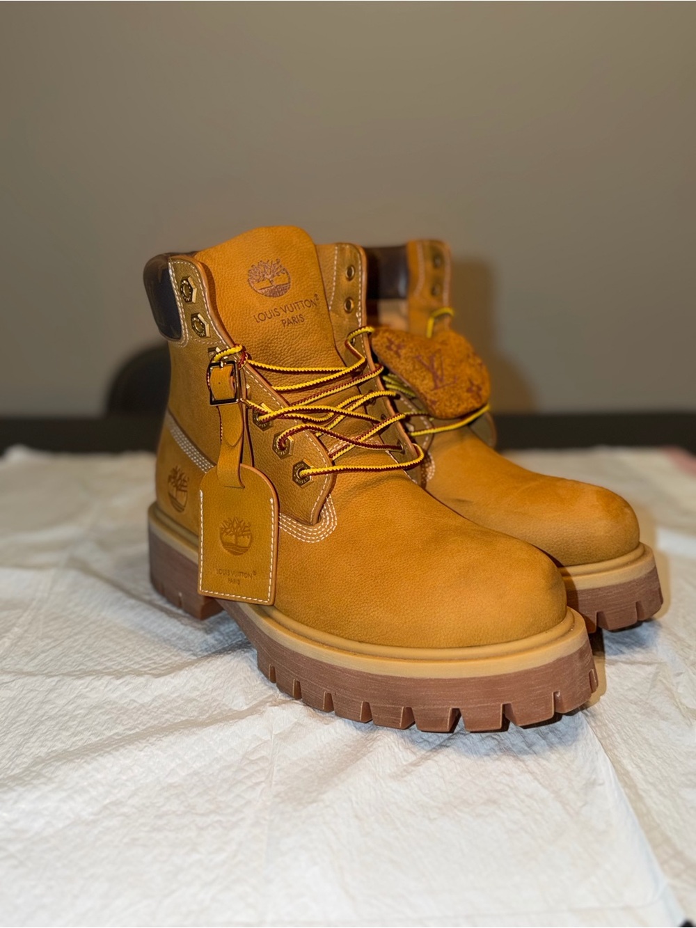 Louis Vuitton x Timberland Wheat Leather Lug Boots Men’s Size 9